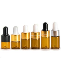1ml 2ml 3ml Portable Empty Brown Glass Small Sample Refillable Bottle Gold Silver Black Lid Black White Rubber Top Cosmetic Packaging Essential Oil Dropper Vials