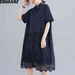DIMANAF Summer Blouse Shirts Women Clothing Lace Floral Spliced Solid Elegant Lady Tops Tunic Casual Loose Short Sleeve Cardigan 210326