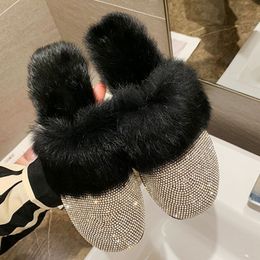 ladies Round Toe Designer Shoe Luxury Fur Crystal Slippers Diamond Mules Slip On Slippers Flats Shoes Y201026