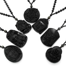 Pendant Necklaces Natural Obsidian Handmade Necklace Carved Buddha Lucky Amulet Jewellery