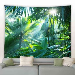 Jungle Tapestry Sun By Tropical Palm Leaves Forest Wall Hanging Banana Tree Rugs For Bedroom Living Room Decor J220804