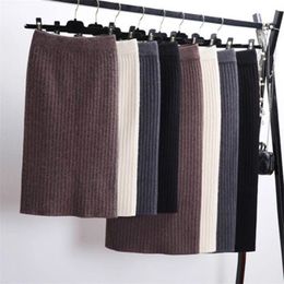 Women's Knit Straight Skirt With Slit High Waist Long Pencil Korean Style Beige Black Green Purple Tube 220322