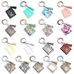 PU Leather Beaded Bracelet Wallet Keychain wood silicon beads bracelet tassel bangle cards holder for women DLH876