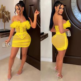 Casual Dresses Sexy Women Feather Two Piece Set Strapless Shirt Mini Skirt Dress Sheer Mesh Party NIght Clubwear For OutfitCasual