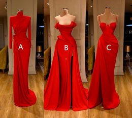 Sexy Arabic 3 Style Red Mermaid Prom Dresses High Neck Long Sleeves Evening Gown High Side Split Formal Party Bridesmaid Dress PRO232