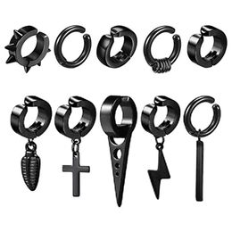 Clip-on & Screw Back Pcs/1 Set Hoop Earrings Men's Stainless Steel Fake Perforated Pendant Cross Feather Ear ClipsClip-on