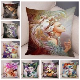 Cushion/Decorative Pillow Elegant Woman Cushion Cover For Sofa Decor Vintage Style Cartoon Flower Girl Art Case Soft Plush Pillowcase 45x45c