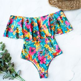 2020 Sexy Ruffle Women Swimwear 1pc Floral Print Swimsuit Push Up Monokini Bodysuit Print Swim Suit Bathing Suit Beachwear T200708