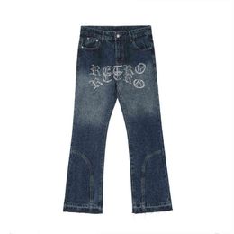 Rhinestone Letter Embroidery Gradient Colour Washed Jeans Pants Mens Hot Drill Straight Casual Ripped Baggy Denim Trousers T220803