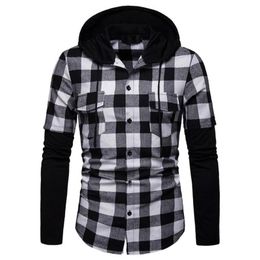 Men's Jackets Men Shirt Plaid Contrast Colors Single-breasted Drawstring Anti-pilling Hooded Student Classic For Daily Wear Dating WorkMen's