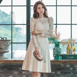 Casual Dresses Elegant Lace Dress 2022 Women Long Sleeve Hollow Out Beige Slim A-Line Party Formal Spring Autumn