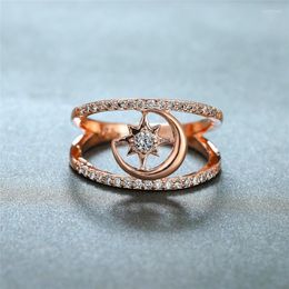 Wedding Rings Unique Female White Crystal Stone Ring Trendy Rose Gold Color For Women Cute Moon Star Hollow Engagement