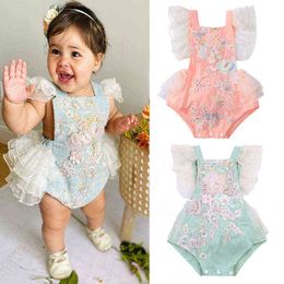 Lovely Princess Newborn Baby Girls Summer Rompers Ruffles Lace Embroidery Pearl Elegant Romper Jumpsuits Cotton Sunsuits Outfits G220510