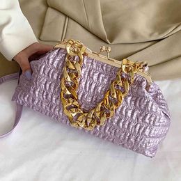 Women Purple Orange Thick Chain Ruched Shoulder Female Crossbody Bags 2022 Luxury Brand Clip Handbags and Purse Prom Clutch