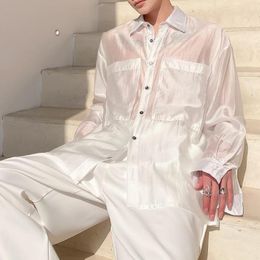 White Transparente Oversized Silk Shirt For Mens Korean Fashion Blouse Loose Smooth Black See Through Stylish Clothing Party Top