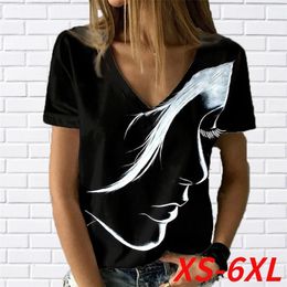 Fashion Women s Abstract Portrait Painting T Shirt loose Print Summer V Neck Basic Tops Black 3D 220713