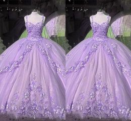 Lilac Puffy Sweet 16 Dresses Flowers Quinceanera Dress For Women Straps Appliques Floral Lace Ball Gowns Prom Dress 8th Grade