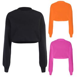 Women's Hoodies & Sweatshirts Women Autumn Long Sleeve O-Neck Sweatshirt Bright Solid Colour Oversized Loose Crop Top Harajuku Casual Ribbed