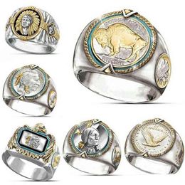 Hop Hip Two-tone 925 Silver Men Gold Rings Buffalo Nickel Jewellery Ring Mens Desinger Rings Fashion Personality Gift for Man Size 7258b
