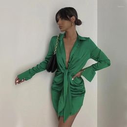 Casual Dresses 2022 Women Spring V-neck Long Sleeve Collect Waist Tie Knot Mini Short Dress Elegant Lady Office Soft Silk Satin