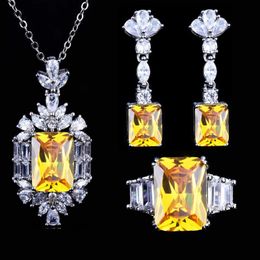 Earrings & Necklace Gorgeous 925 Silver Jewelry Sets Yellow Cubic Zirconia Stone Pendant Drop Finger Rings Accessories For Women