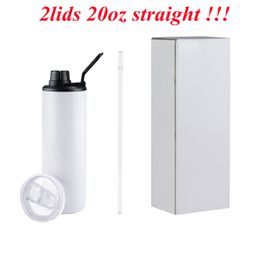 Two lids!!sublimation straight tumbler 20oz skinny tumblers with twist lids regular slide lid blank water bottle stainless steel flask can hang