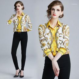 Spring Women Luxury Shirt Blouse Fashion Printed Long Sleeves Turn Down Collar Yellow Tops Female Elegant Casual Women's Blouses & Shirts