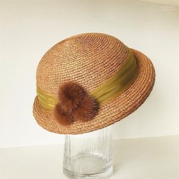 Spring Summer Fur Ball Yarn Decoration Fine Raffia Female Cute Beret Painter Hat Straw Sun Bere Wide Brim Hats Elob22