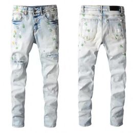 High quality Men jeans Distressed Motorcycle biker jean Rock Skinny Slim Ripped hole stripe Fashionable embroidery Denim pants