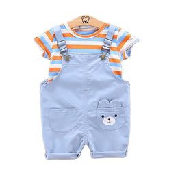 Summer Children Cotton Baby Boy Girl Clothes Cartoon Stripe T Shirts Bib Shorts 2Pcs/sets Infant Kids Fashion Toddler Tracksuits 220507