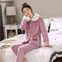 Autumn Winter Flannel Pyjama Set Women Sweet Candy Colours Plush Long Sleeves Warm Nightwear Princess Plus Velvet Pyjama Lounge L220803