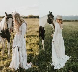 Engagement Noivas Chic Wedding Dresses 2023 Bohemian Crochet Cotton Lace Long Sleeve Backless Western Country Bridal Gowns