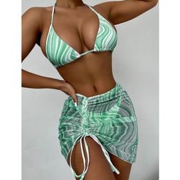 Women's Swimwear 2022 Striped Print Three Pieces Bikini Set With Beach Skirt Women Swimsuit Female Halter Bather Bathing Suit