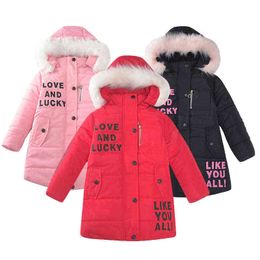 Girls Winter Plus Velvet Mid-Length Large Fur Collar Quilted Jacket Girl Letter Hooded Thick Warm Loose Casual Quilted Jacket J220718