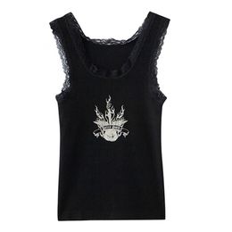 PUWD Y2K Cute Girls Print Black Lace Tank Summer Fashion Ladies Slim Sleeveless Short Tops Vintage Women Streetwear Top 220325