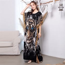 Elegant Tiger Printed Long Dreen Plus Size Women Summer Tassel Batwing Sleeve Dress Beach Wear Long Robe de plage A925 220510