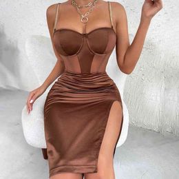 2021 Vintage Sexy Dress Women Chain Spaghetti Strap Corset Slit Dress Party Elegant Dresses Female Harajuku T220816