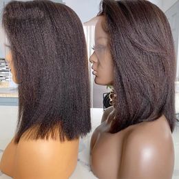 Blunt Cut Light Yaki Straight Short Bob Lace Front Wigs Pre Plucked Synthetic No Gel Headband Wig Heat Resistant Fibre Hair