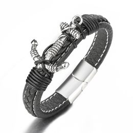 Men Anchor Leather Bracelet Link Multilayer Cuff Wrapped Rope Wristband Black Cord Wrist Band Rope Bangle Jewellery Magnetic Clasp