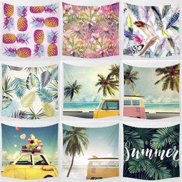 Summer Landscape Pineapple Flamingo Tropical Plant Square Wall Art Tapestry Home Decor Tapestry J220804