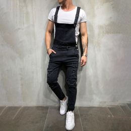 mens denim jumpsuit Australia - Men's Pants Fashion Mens Solid Colors Streetwear Ripped Pocket Suspender Jeans Distressed Slim Denim Trousers Jumpsuit Overalls#g3Men's