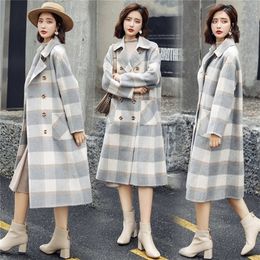 Sweet Plaid Long Coat for Women Wide-waisted Wool Coat and Jacket Turn-down Collar Pockets Women Clothes 201221