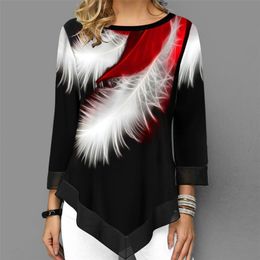 Elegant Women T Shirt Patchwork Tops Long Sleeve Round Neck Female Print s Casual Loose Pullover Tee Plus Size 5XL 220321