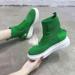 Green Knit Elastic Mesh Boots Women 2021 Autumn Slip on Platform Ankle Boots for Woman Thick Bottom Breathable Sock Shoes Y220729