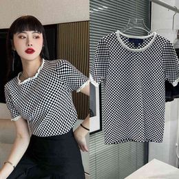 spring and summer l new short sleeve black white plaid versatile round neck fungus edge top cotton sweater female sexy
