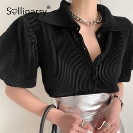 Sollinarry Button puff sleeve vintage shirts chic High street solid black corduroy women shirt summer Vintage lady tops fashion 210709