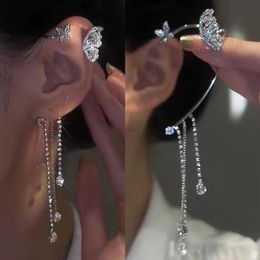 Clip-on & Screw Back Fashion Sparkling Butterfly Tassel Clip Earrings For Women Fine Without Piercing Ear Cuffs Fairy Hung Jewelry GiftClip-