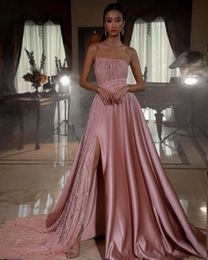 Chic Pink Strapless Sequined Prom Dresses Side Split Evening Dress Custom Made Dazzling Women Formal Floor Length Celebrity Party Gown