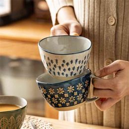310ml Japanese Vintage Ceramic Mug Handgrip Cup For Breakfast Milk Oatmeal Coffee Heat Resistant Office Home Drinkware Tool 210409