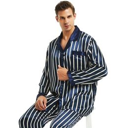 Mens Silk Satin Pajamas Set Pyjamas Set PJS Sleepwear Loungewear S Striped LJ201113
